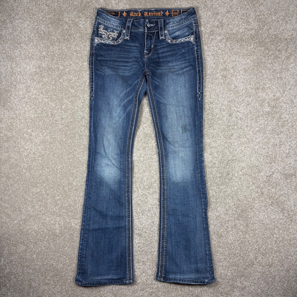 Rock Revival Sapphire Mid-Rise Bootcut Jeans Blue Embellished Size 26